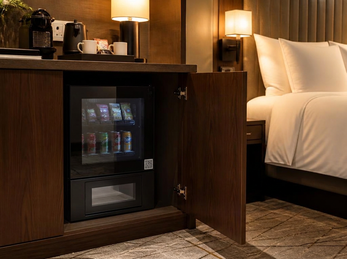Vendibar smart in-room vending machine inside a hotel room mini-bar cupboard with the door open